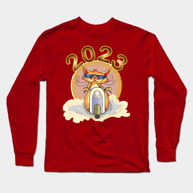 cat riding a scooter new year 2023 Long Sleeve T-Shirt by ArticArtac